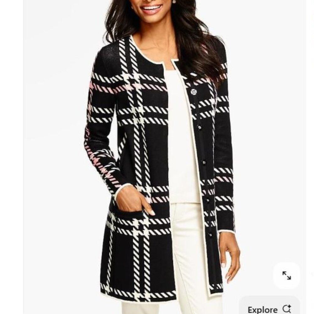 Talbots Herringbone Plaid Sweater Coat Black White Pink Business Casual Women's